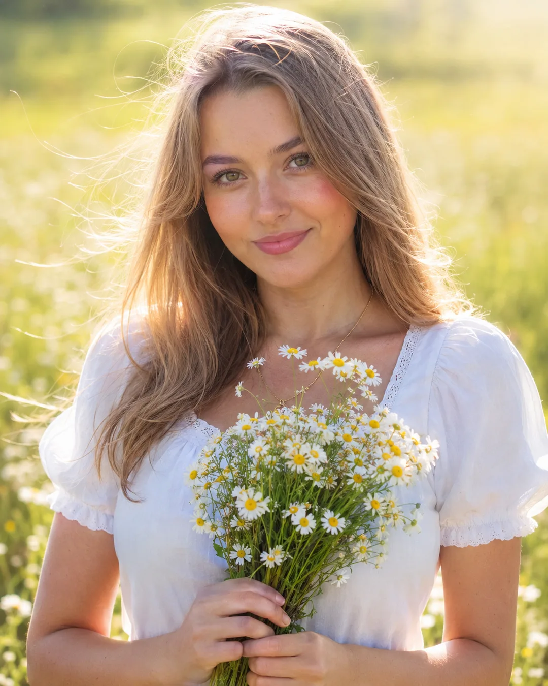 С букетом ромашек